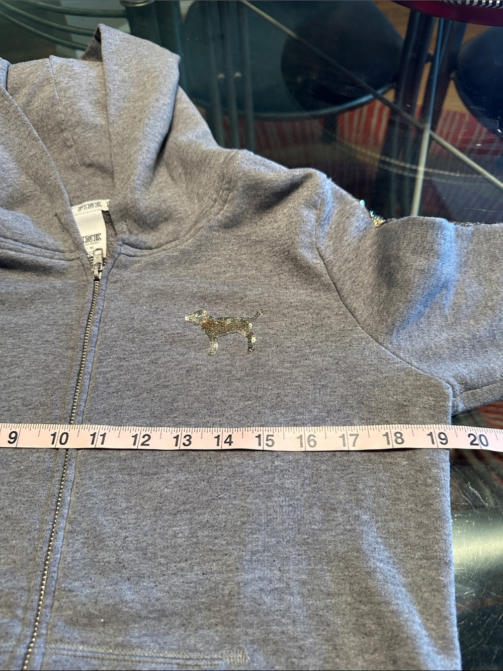 PINK Victoria's Secret Gray Zip Hoodie with Leopard Sequin Stripe - Picture 6 of 7